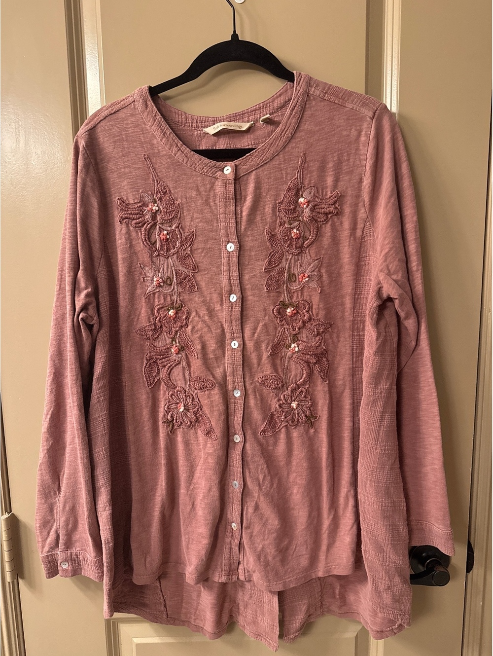 Soft Surroundings Mauve Embroidered Button-Up Long Sleeve Shirt, Size Large